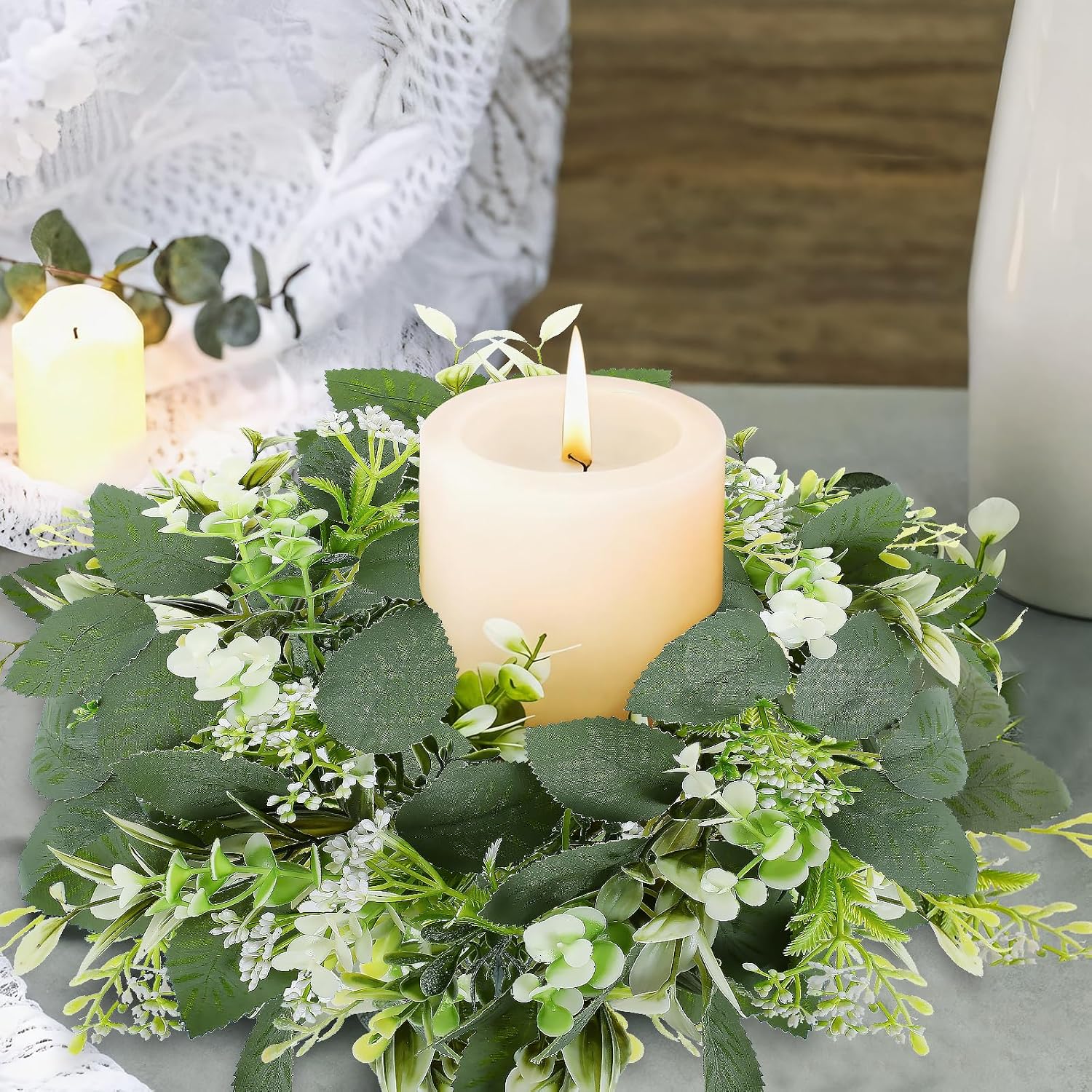 6 Pcs Artificial Eucalyptus Candle Rings Wreaths, 9 Inch Small Eucalyptus Wreath with Baby Breath, Greenery Candle Wreath Rings for Pillar Candle Table Centerpieces Wedding Home Decor