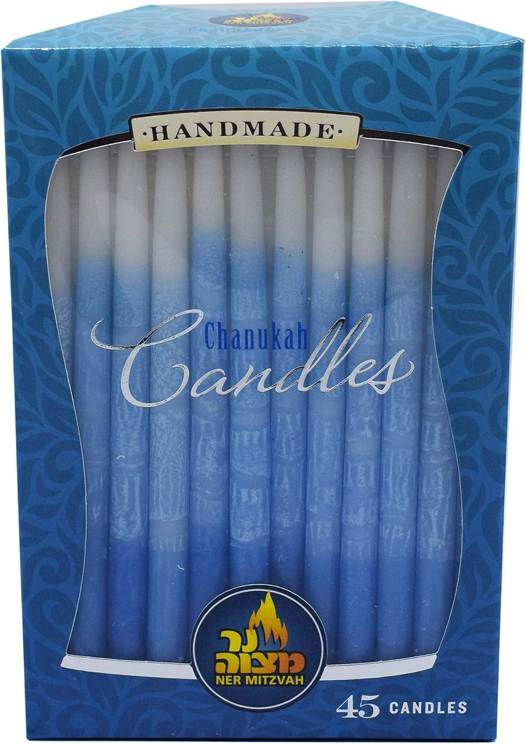 Ner Mitzvah Dripless Chanukah Candles, Decorated Ombre Blue & White Hanukkah Candles Fits Most Menorahs, Premium Quality Wax for All 8 Nights of Hanukkah - Standard Size - 45 Count