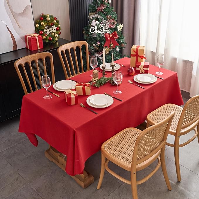 NLMUVW Red Linen Tablecloth Rectangle, Christmas Table Cloth Water Resistant Textured Table Cover for Kitchen Dining Coffee Party, 54 x 78 Inch