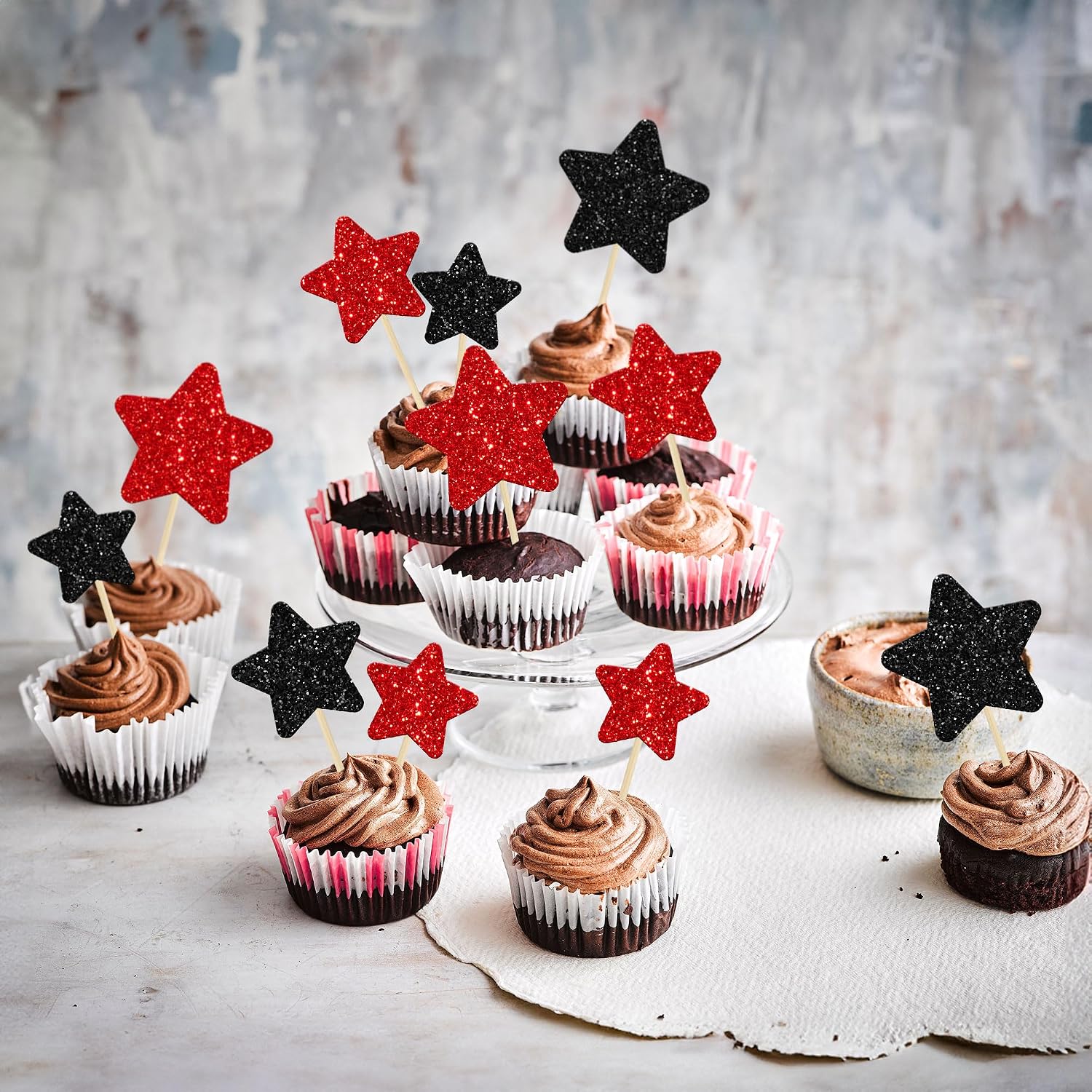 Gyufise 42Pcs Mixed Size Little Star Cupcake Toppers Glitter Twinkle Star Cupcake Picks Halloween Party Cake Decorations for Happy Halloween's Day Party Favors Supplies Black Red