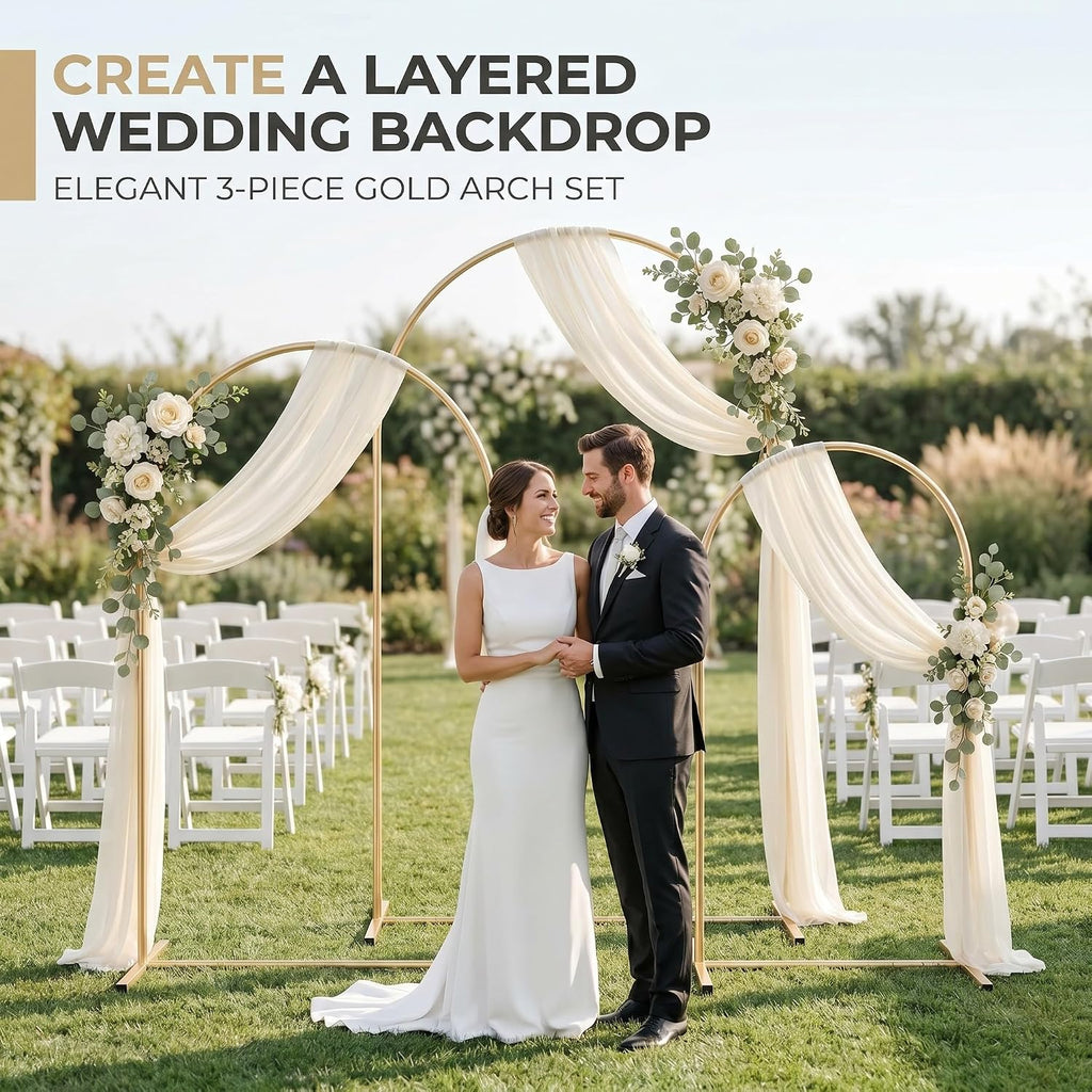 gold metal arch backdrop stand set of 3 shown in use