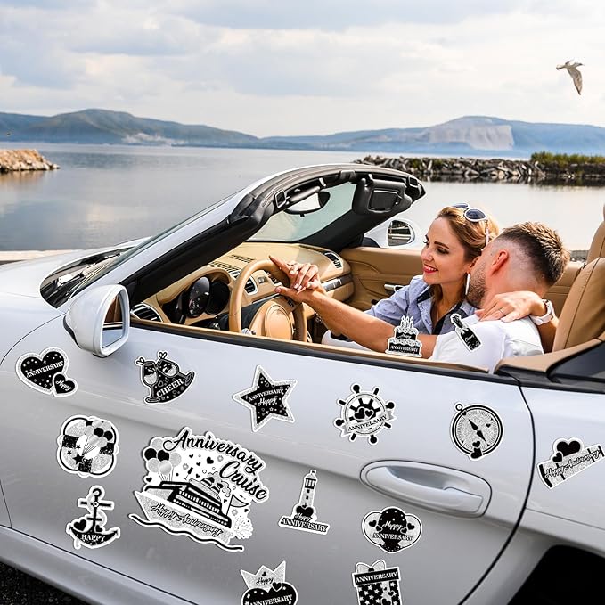 Happy Anniversary Cruise Door Magnets Decorations,Black Silver Happy Anniversary Cruise Ship Door Decor Magnetic for Married Men Women Wedding Party Refrigerator Fridge Car Kitchen Garage Personalized