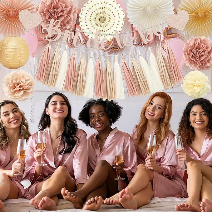 Whaline 22Pcs Boho Champagne Gold Pink Bachelorette Party Decoration Bride to Be Banner Hanging Lanterns Paper Fans Pom Poms Tassel Garlands for Wedding Bridal Shower Backdrop