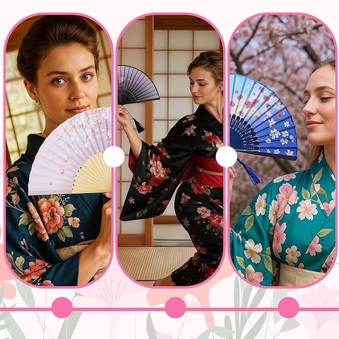 12 Pcs Fans for Line Dancing Vintage Silk Floral Folding Fan Chinese Hand Fans for Women Bulk Bamboo Handheld Fan with Tassel for Wedding Party Cosplay Supplies