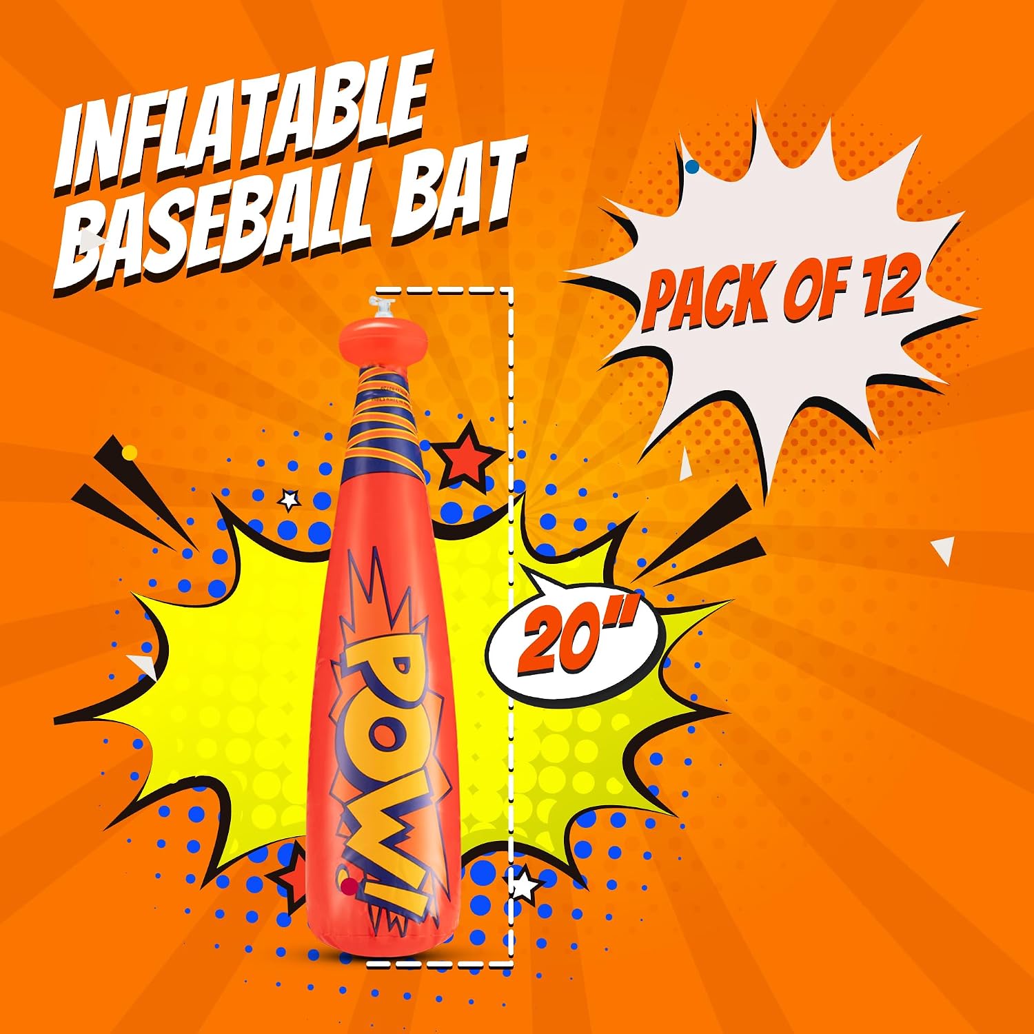 Bedwina Pow Inflatable Baseball Bat - (Pack of 12) 20 Inch Inflatable Toy Bat, Carnival Prizes, Baseball Party Favors Goodie Bag Stuffers, Decorations Party Prizes for Kids
