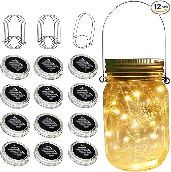 SunKite Solar Mason Jar Lights(NO Jars), 12 Pack 30 LED Waterproof Fairy Firefly Jar Lids String Lights with Hangers, Patio Yard Garden Wedding Decoration - Warm White