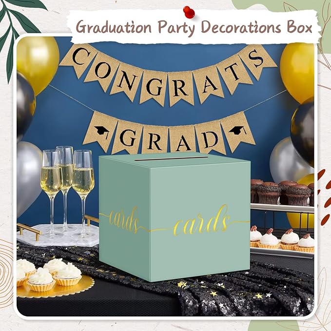 QIKSION Sage Green Wedding Card Box, Gold Foil Gift Card Box for Party, Wedding Reception, Birthday, Baby Shower, Raffle, Graduation