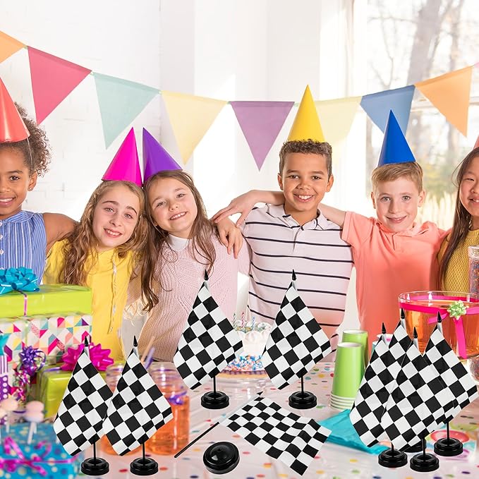 28 Pcs Black and White Checkered Racing Stick Flag Mini Race Car Office Table Desk Flags with Stand Base for Race Car Office Home Decorations and Party Celebrations