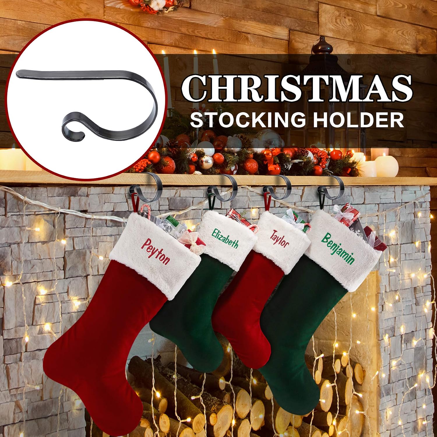 Christmas Stocking Holders for Mantle Set 4, Scratch-Free Christmas Stocking Holders for Fireplace Mantle,Multi-uses Stocking Hooks for Mantle,Mantel Stocking Holders Clip for Xmas Party Decorations