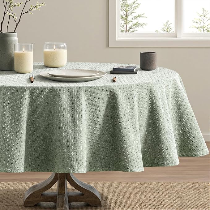MIULEE Sage Green Linen Cottton Table Cloth Round Tablecloth Waterproof Spillproof Cross-Star Textured Table Cltoth Decorative Farmhouse Style for Dining Party Weddings 60 Inch