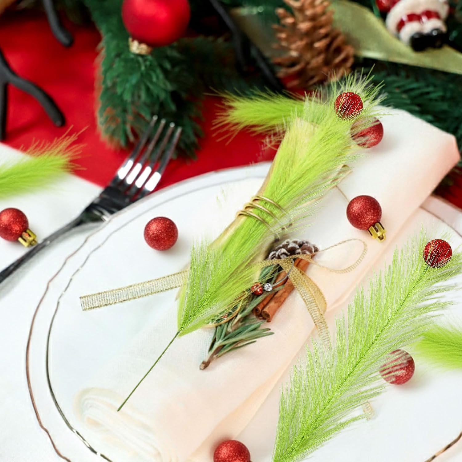 20Pcs 21.7'' Lime Green Christmas Tree Topper with Red Balls | Grinch Christmas Decorations, Artificial Pampas Grass Stems, For Wreath Craft Vase Fillers, Xmas Home Decoration Supplies