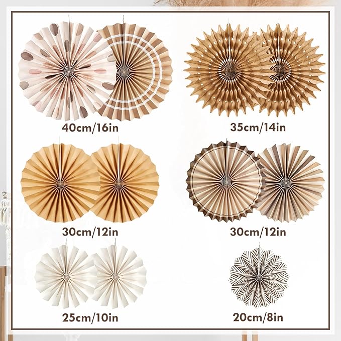 Boho Hanging Paper Fans White Brown Champagne Party Decorations Neutral Rustic Paper Fans Classroom Decoration for Baby Shower Birthday Wedding Bridal Party