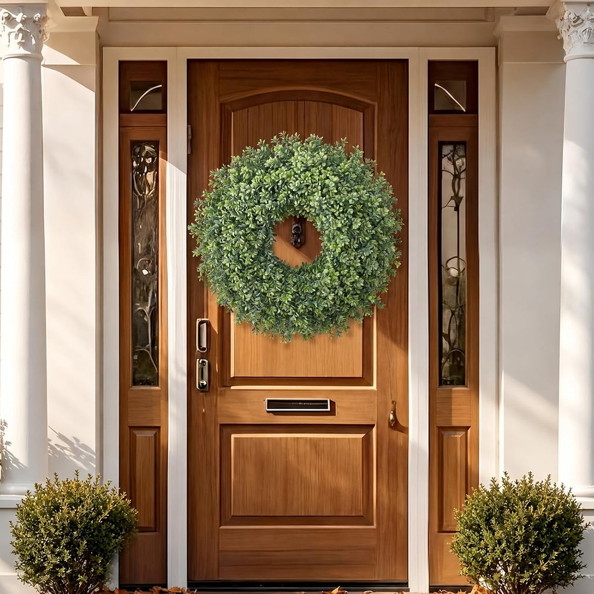waipfaru 26'' fall boxwood wreath for front door, side view