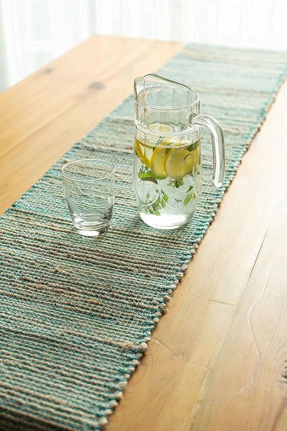 Chardin home Natural Jute Table Runner 13x90 Inch – Vintage Boho Rustic Table Decor – Handwoven Table Runner in Natural Jute and Aqua Turquoise – Farmhouse Dining or Console Table Accent