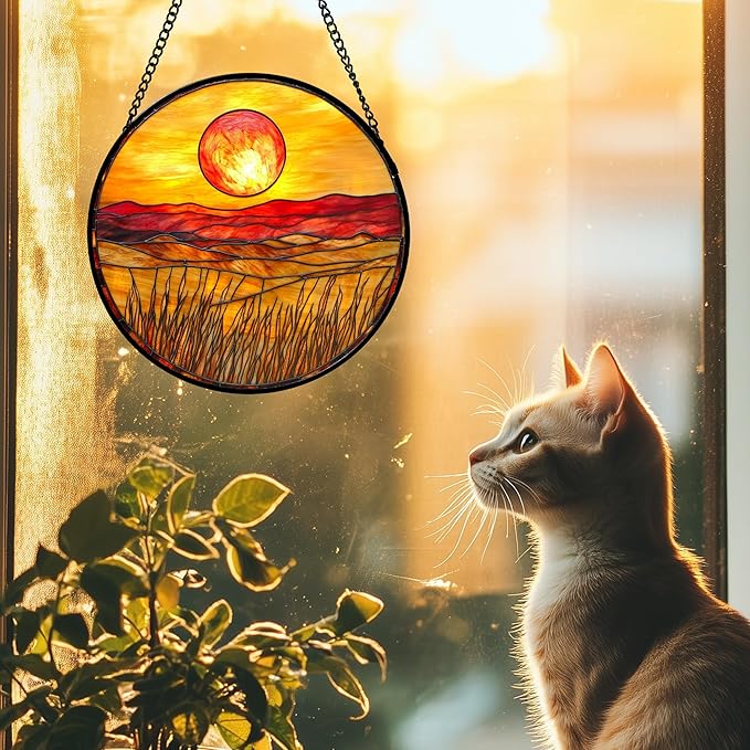 Stained Glass Window Hanging 4 Pcs Set Desert Sunset Theme Landscape Large 15" - Suncatcher Door Garden Sun Catcher Decor Birthday Christmas for Mom Woman Nana Men