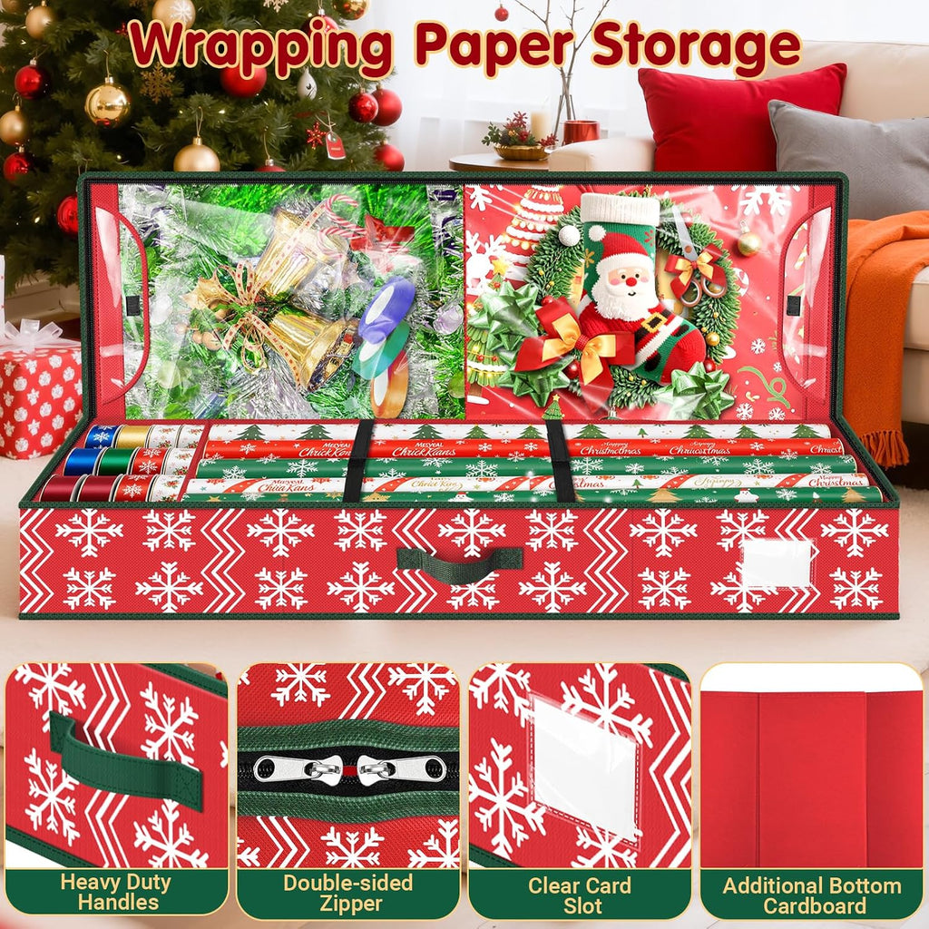 Wrapping Paper Organizer Storage, Christmas Wrapping Paper Storage with Flexible Partition & Pockets for Christmas Decorations, Ribbon, Underbed Gift Wrap Organizer for Holiday(Wave and Snowflake/Red)