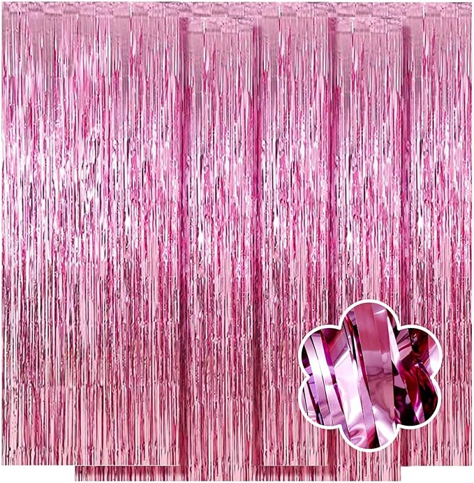 5 Pack Pink Foil Curtain Backdrop 3.2ft x 9.8ft Metallic Tinsel Foil Fringe Curtains Streamer Photo Booth Backdrop for Birthday Party Engagement Bachelorette Party Decorations (Pink)