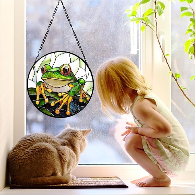 Stained Glass Window Hanging, Green Frog White Petals Sun Catchers Colorful Glass Panel Cute Suncatcher Decor for Birthday for Women, Men, Wife, Aunt, and Mom 9.8 in