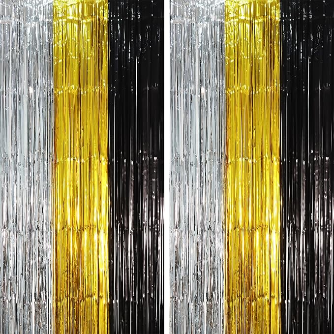 2 Pack Black Gold Silver Foil Fringe Backdrop Curtains, Tinsel Streamers Party Decorations, Fringe Backdrop, Door Shimmer for New Years or Birthday Party