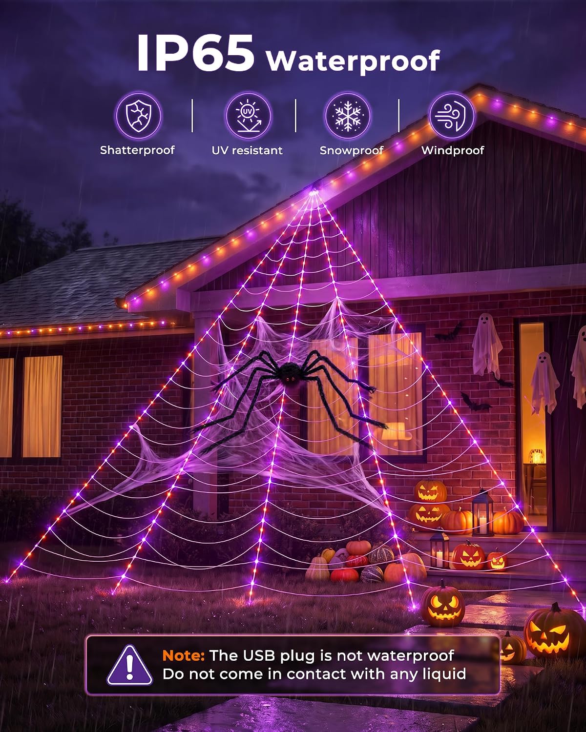 Brightown Halloween Decorations Outdoor, 255-LED Giant Spider Web Lights