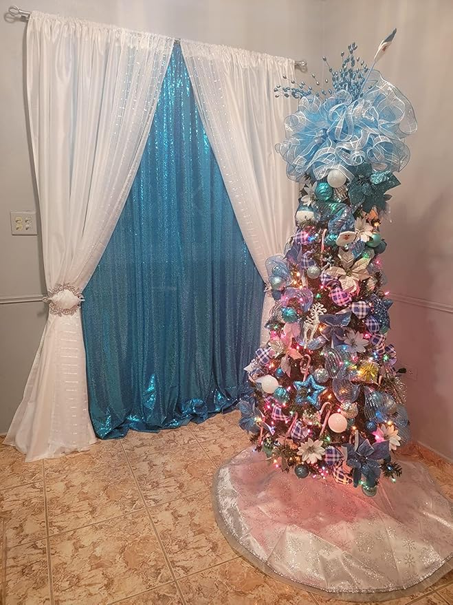 ShiDianYi Sequin Backdrop Turquoise 2 Panels 4FTx10FT Backdrops for Photograph Aqua Blue Sequin Photo Backdrop for Birthday Sparkle Wedding Drapery Glitter Background