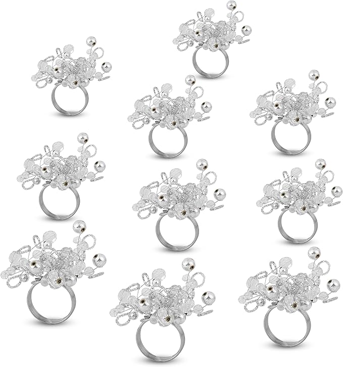 Decorative Napkin Ring Set of 12 - Handmade Glass Beads Napkin Holders for Table Setting Elegant Dining Accessory Round Heavy Duty Metal Frame Wedding & Party Table Décor (Silver) - CLEENTABLE