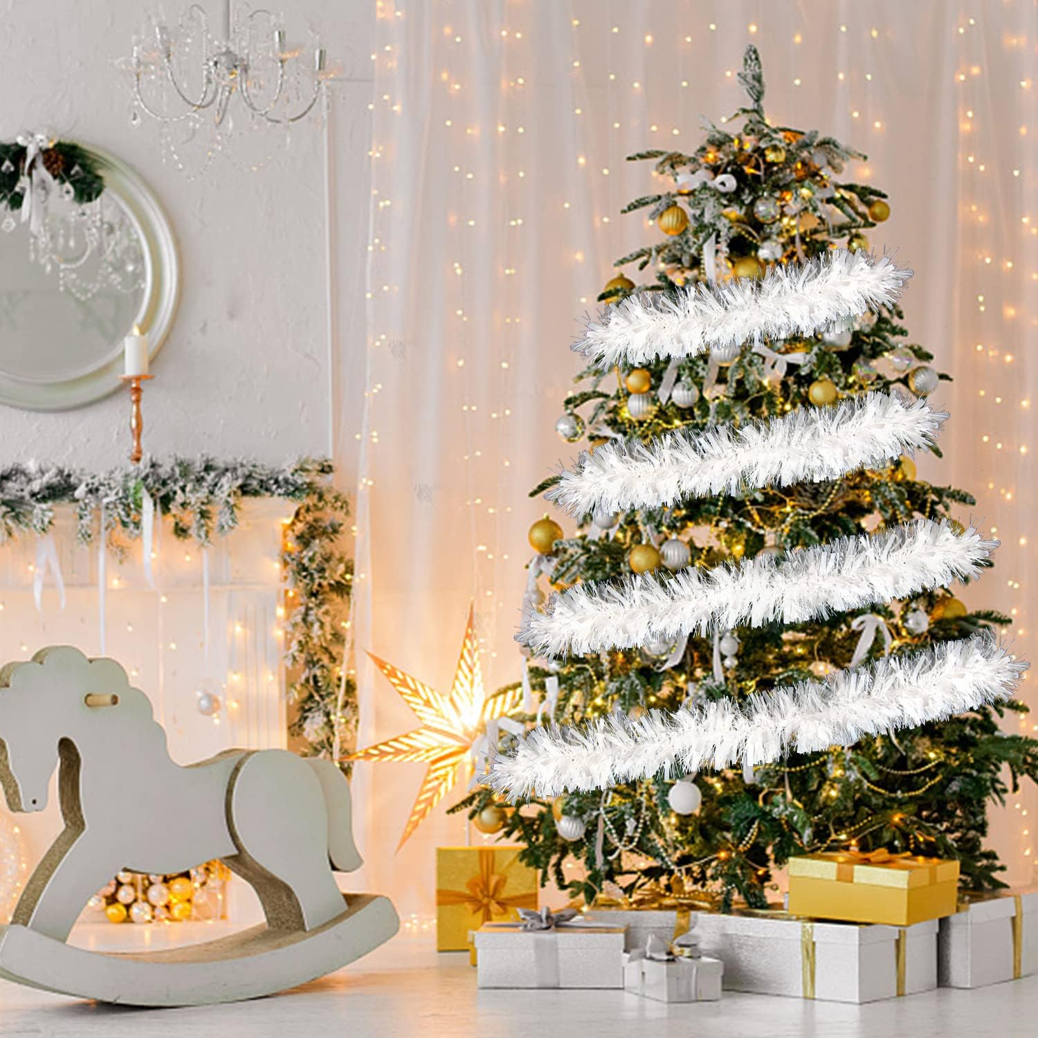 FOIMAS 33FT Christmas Tinsel Garland,White Twisted Metallic Hanging Garland for Christmas Tree Fireplace Home Decoration