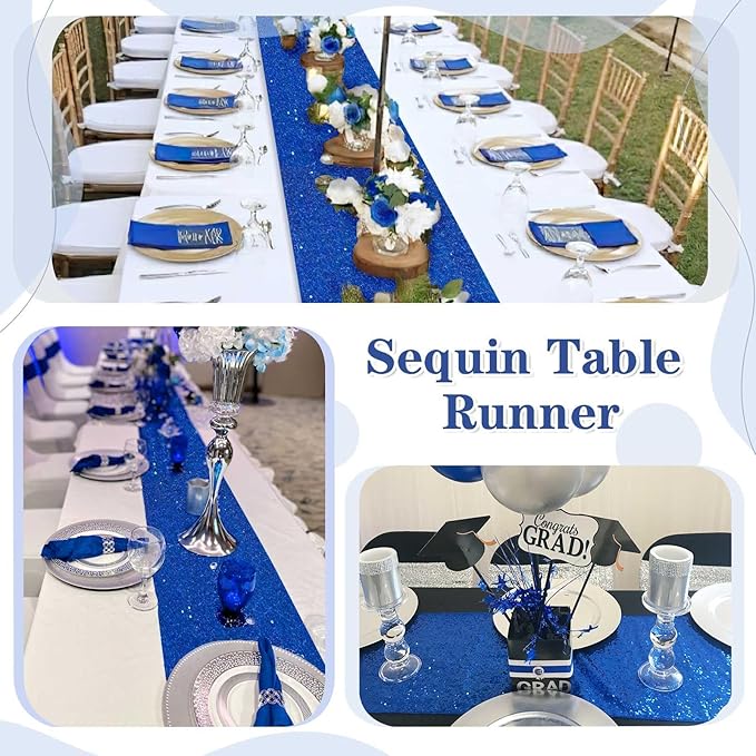 Sequin Table Runners 5 Pieces Royal Blue Table Runners 12x72 Inch Glitter Dining Table Cover for Party Wedding Birthday Reception Banquet Decoration Spring Party Chair Sashes