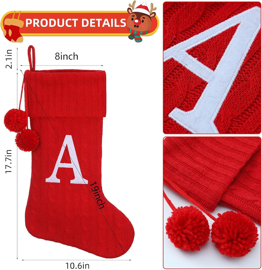 Personalized Christmas Stocking 19 Inch - Red Cable Knit with Monogram Embroidery & Pom Poms, Family Fireplace Hanger for Holiday Decor, Red Letter J
