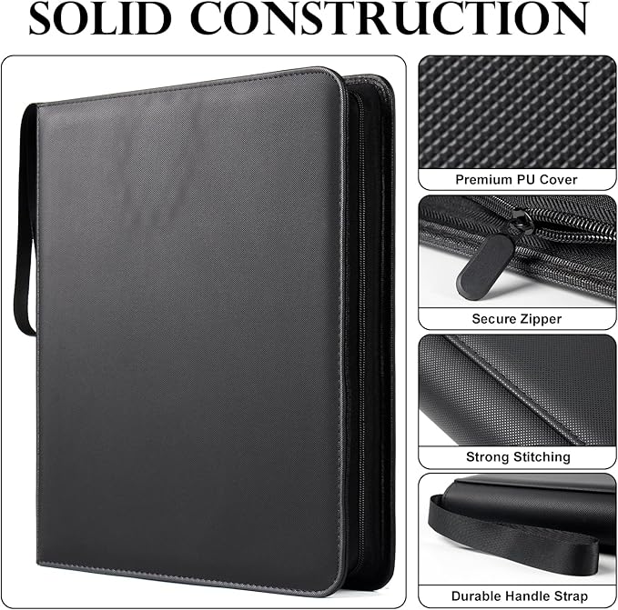 GEAoffice Trading Card Binder 12 Pocket Hold 720 Cards, Premium PU Cover Zipper Collection Binder, Ringless Sturdy Side Loading Card Album Folder for YuGiOh, MTG, TCG, Game & Sports, Non-PVC, Black