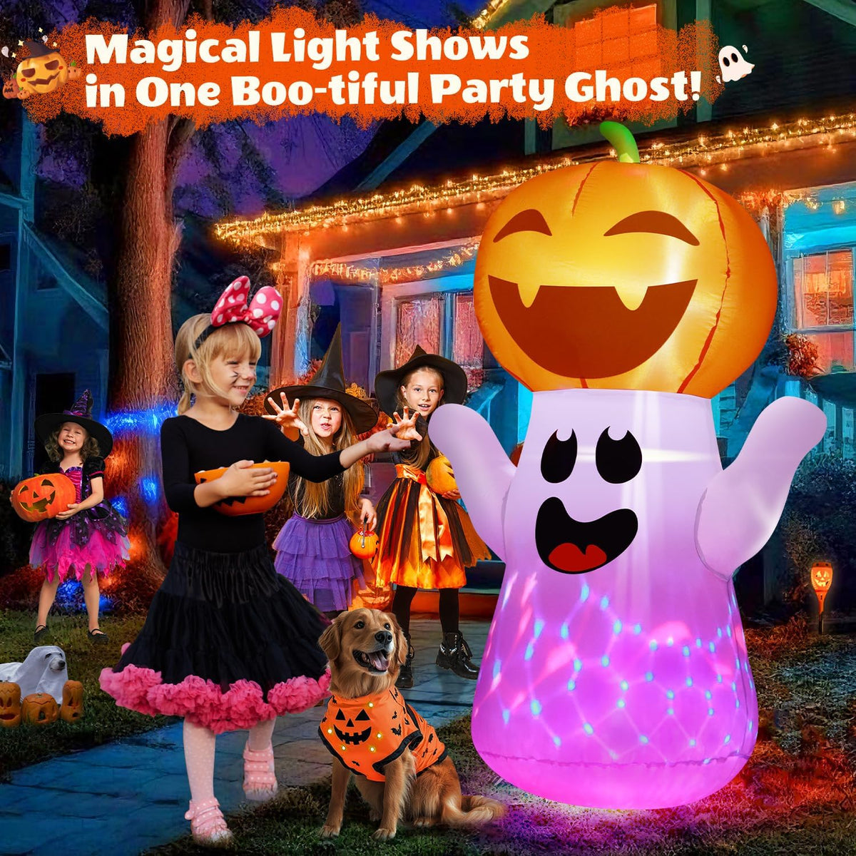 zukakii 5FT Halloween Inflatables Pumpkin Ghost Built-in 3-Pattern Colorful F...