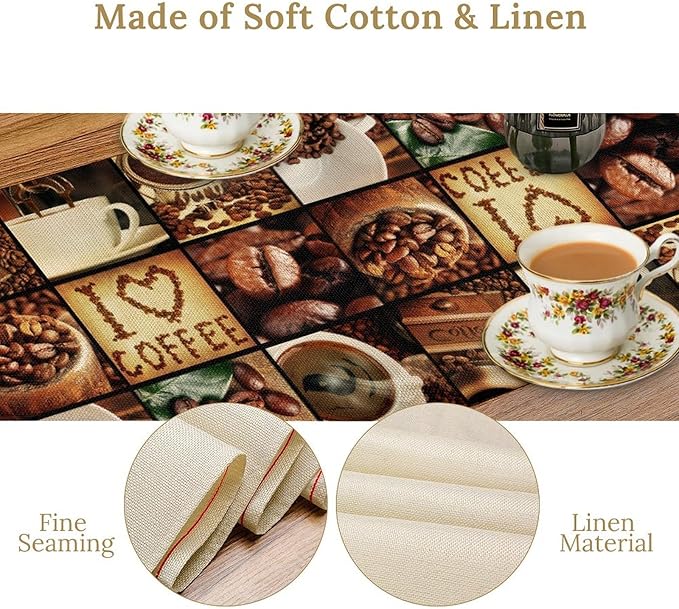 Coffee Theme Table Runner, Retro Farmhouse Coffee Cup Latte Cappuccino Tea Party Cafe Table Center Decor for Home Kitchen Dining Patio Holiday Party Indoor Outdoor Table Decorations,13"x108" Inch