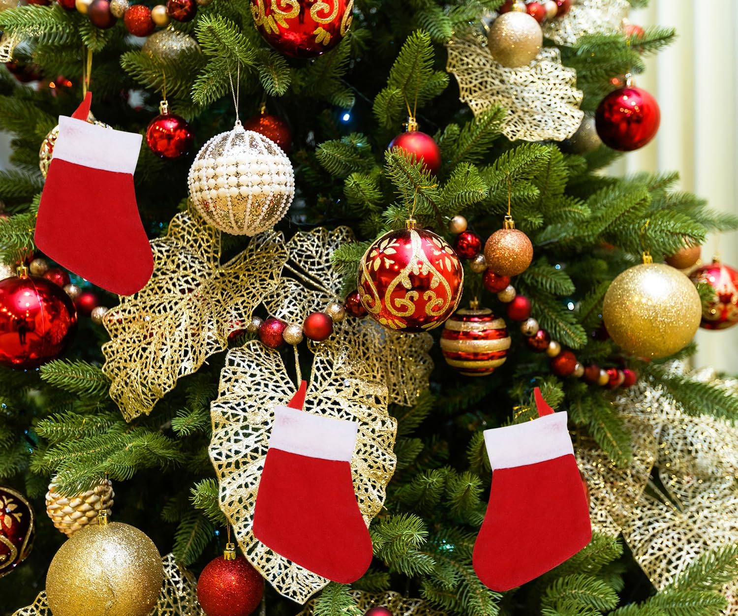 PENTA ANGEL Mini Christmas Stocking 12Pcs Red Snowflake Xmas Socks Knife Spoon Fork Pouch Bags for Thanksgiving New Year Party Silverware Holder Christmas Tree Fireplace Decoration (Classic, Red)