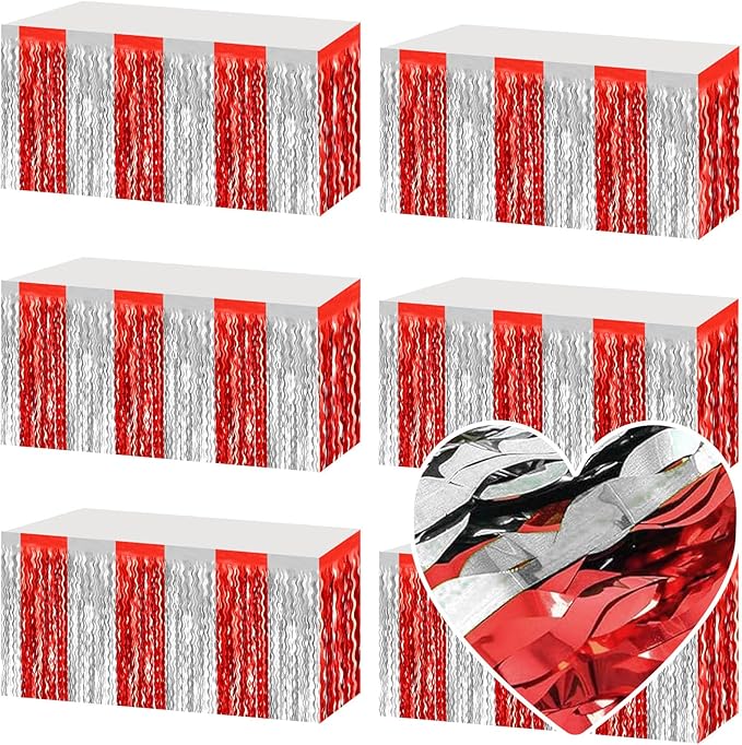 6 Pack 29x108 Inch Red Silver Wave Foil Fringe Table Skirts Metallic Banner for Tinsel Streamer Garland Backdrop for Parade Floats Wedding, Mother's Day, Birthday Mardi Gras Party Decorations