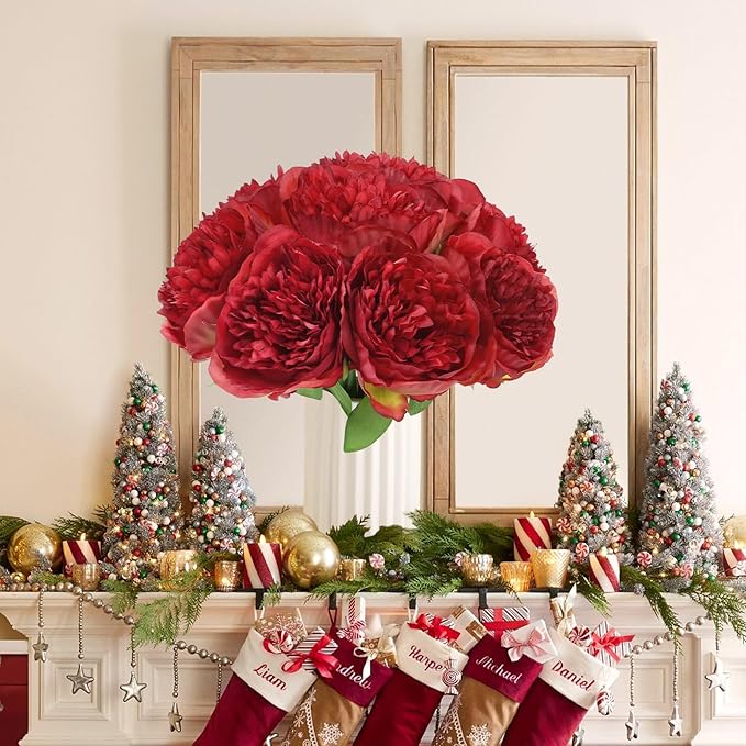 U'Artlines 20 Heads Artificial Peony Silk Flower Leaf for Christmas Holiday New Year Home Office Wedding Party Festival Bar Decor (Red)