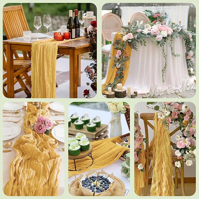 Asee'm 2pcs Cheesecloth Table Runner 120 Inches Long Gold Boho Gauze Cheese Cloth Runner 10FT Rustic Sheer Table Runners for Christmas Wedding Party Baby Shower Spring Easter Decoration