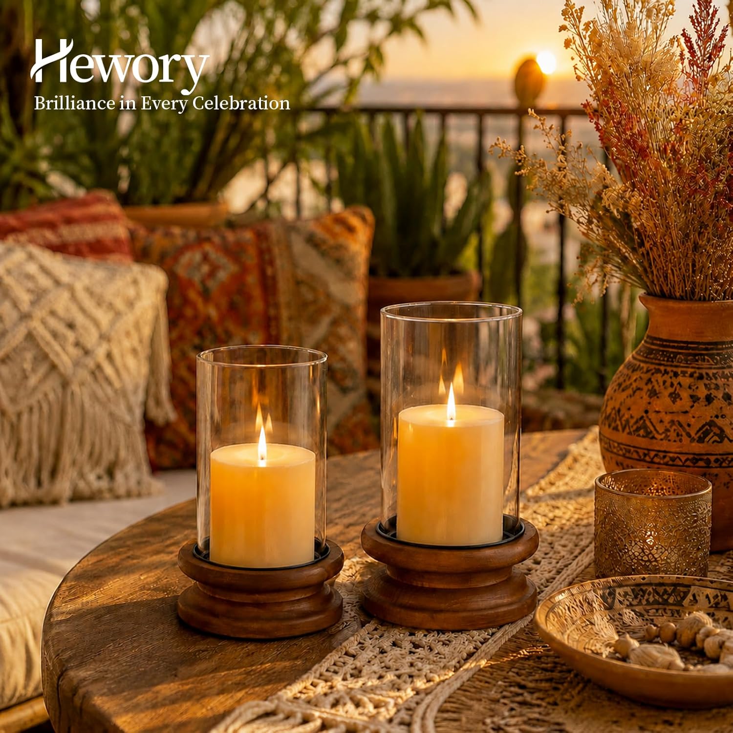 Hewory Hurricane Glass Candle Holder: 2PCS Rustic Brown Candle Holders for Pillar Candles, Vintage Decorative Wood Stand with Clear Glass Cover for Weddings Christmas Table Centerpiece Home Decor