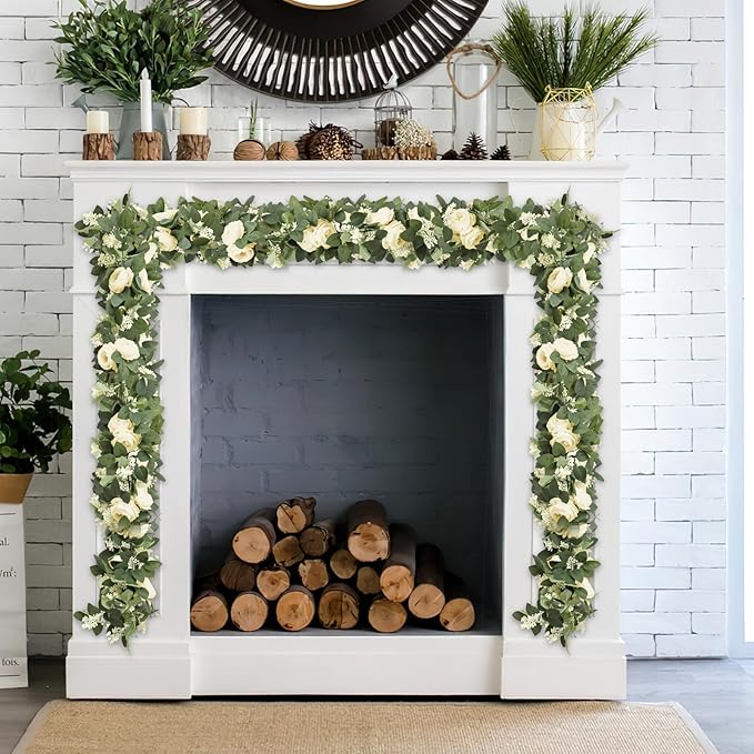 MAKHOT 2PCS Eucalyptus Garland, 6.6Ft Artificial Greenery Garlands Flower Decor, Green Spring Garland Wreath Vines Decorations for Table Home Wedding Mantle Party (Champagne)