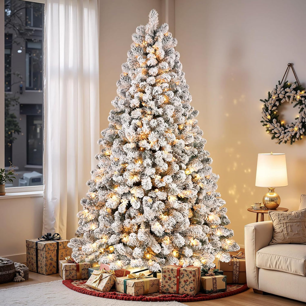 shareconn 7ft snow flocked spruce pre-lit artificial christmas showing dimensions