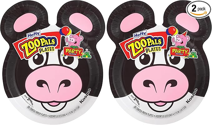 Hefty Zoo Pals Party Edition Paper Plates for Kids, Assorted Animal Designs, 7.75 Inches with Two Dipping Compartments, 20 Count (Pack of 2)