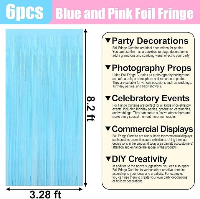 6 Pack Macaron Pink Blue Foil Fringe Curtain Backdrop, 3.28Ft x 8.2Ft Metallic Tinsel Foil Fringe Streamer Curtains for Photo Booth, Birthday, Wedding, New Year Party Decorations