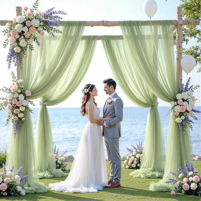 Wedding Arch Draping Fabric Backdrop 2 Panel 30" x 19Ft Sage Green Drapes Curtains for Wedding Reception Sheer Tulle Backdrop Curtain for Ceremony Birthday Party Baby Shower Arbor Ceiling Decorations