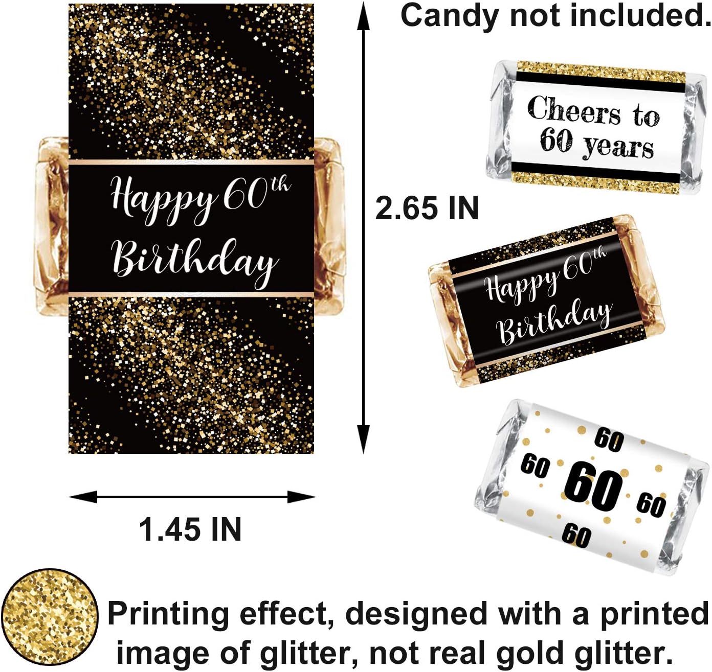 Black & Gold 60th Birthday Party Mini Candy Bar Wrapper Stickers - 60th Birthday Party Favors - Pack of 54