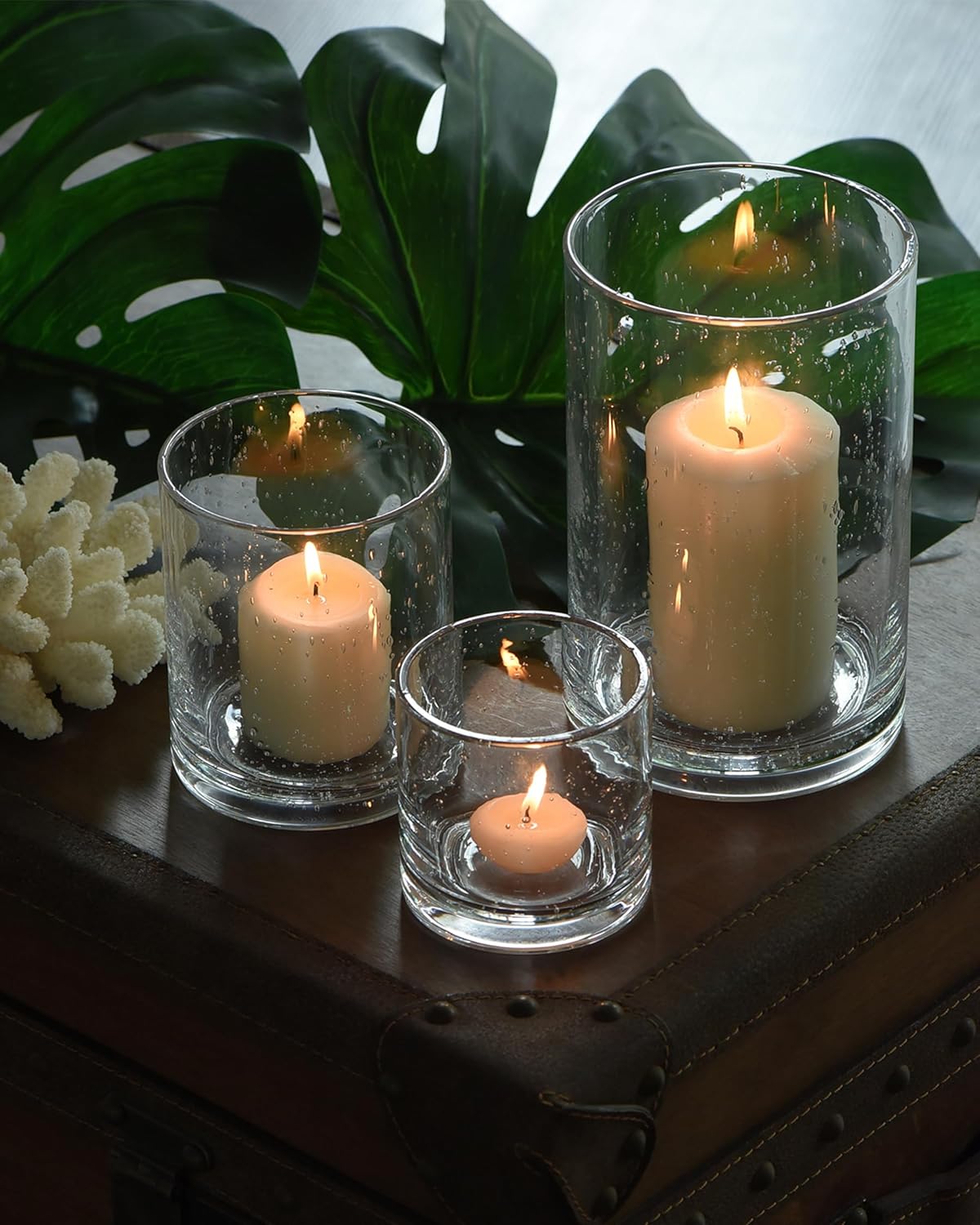 Glass Candle Holders Set, 3 Sizes 8" 5" 3.5" Height | Hurricane Vase Centerpieces, Clear Seeded Bubbles Cylinder For Pillar Votive Flower