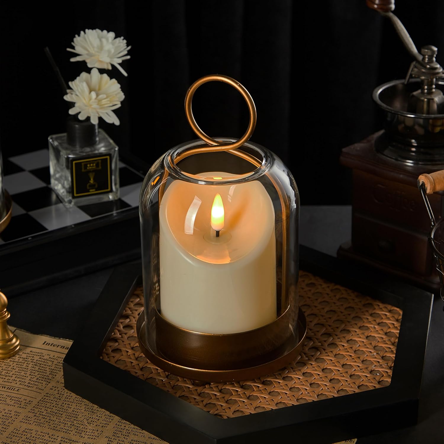 5"&4" Metal Candle Holder with Handmade Glass Dome in Brass & 2 Timer Candles, Set of 2 Versatile Hurricane Glass Candle Holders for Pillar Candles & Plants