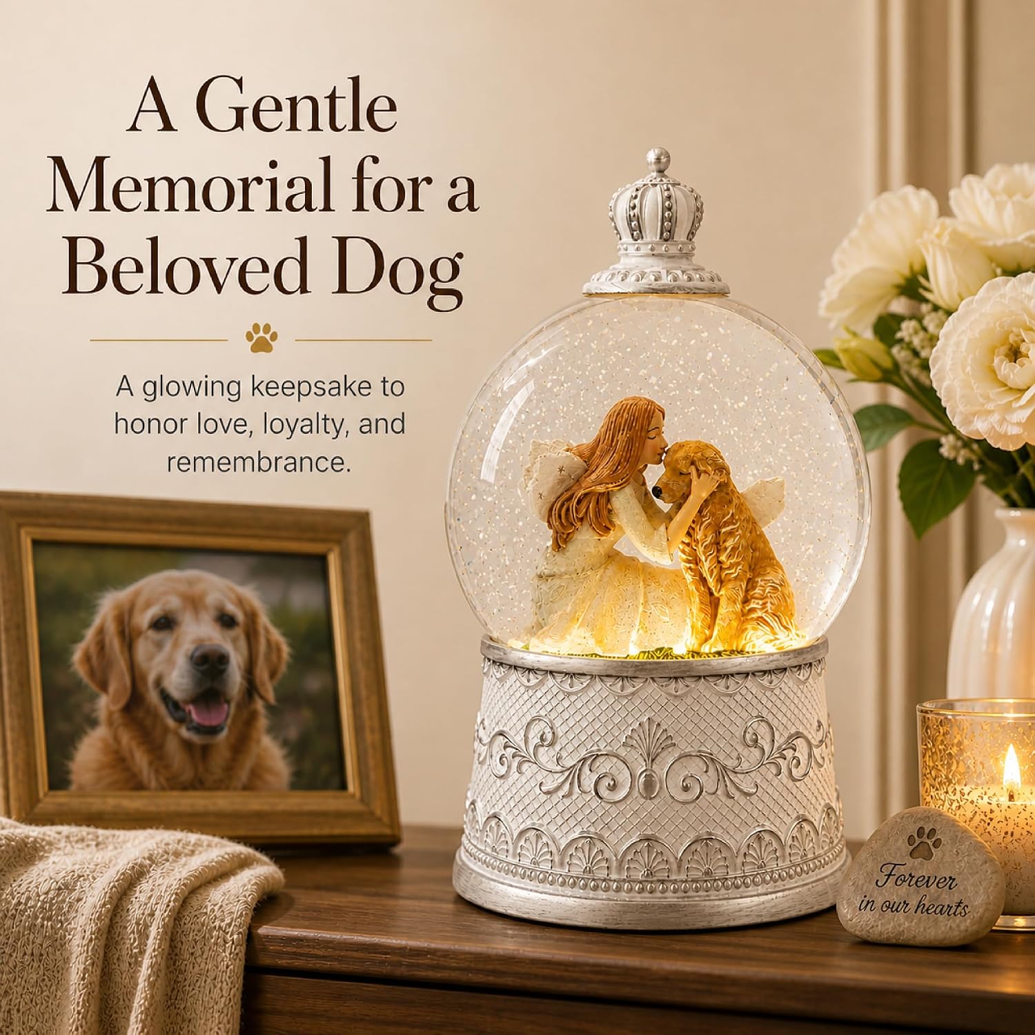 Dog Memorial Gifts for Loss of Dog Sympathy Gift, Snow Globe with Auto Swirling Glitter & 6H Timer, Battery or USB Powered, Dog Passing Away Gifts for Home Decor