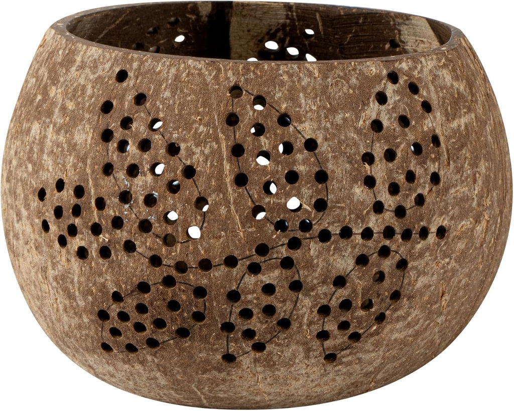 Restaurantware-Coco Casa 4 x 3.3 Inch Coconut Shell Candle Holders, 10 Reusable Tealight Holders - Candle Not Included, Leaf Pattern, Brown Coconut Bowls For Candles, Handcrafted