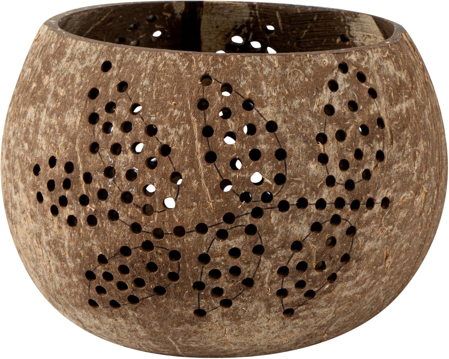 Restaurantware-Coco Casa 4 x 3.3 Inch Coconut Shell Candle Holders, 10 Reusable Tealight Holders - Candle Not Included, Leaf Pattern, Brown Coconut Bowls For Candles, Handcrafted