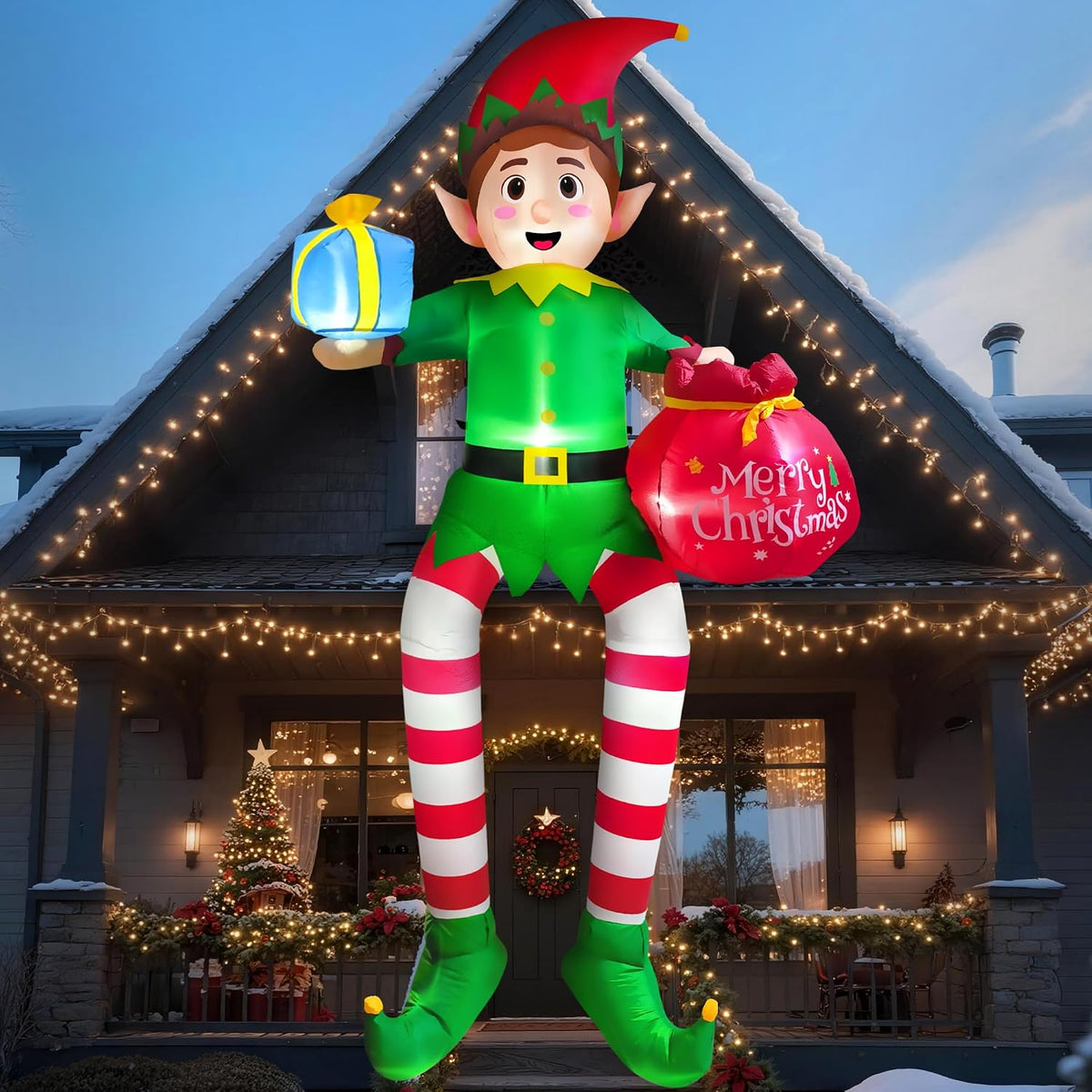 10ft christmas inflatable outdoor decoration, sitting elf holding, main product view