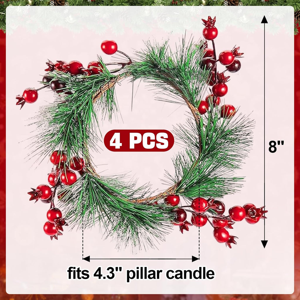 Christmas Candle Rings- 4.3 Inches Candle Wreaths Candle Garland with Artificial Red Berries- Xmas Wreath Candle Holder for Christmas Wedding Table Dinner Party Decoration, 4 Pcs